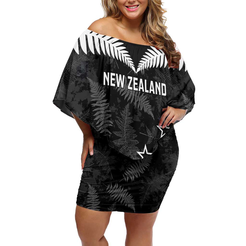 Custom New Zealand Silver Fern Football Family Matching Off Shoulder Short Dress and Hawaiian Shirt Go Aotearoa Grunge Black - Polynesian Pride