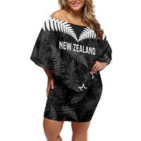 Custom New Zealand Silver Fern Football Family Matching Off Shoulder Short Dress and Hawaiian Shirt Go Aotearoa Grunge Black - Polynesian Pride