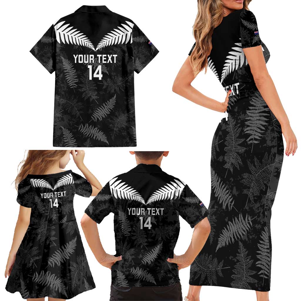 Custom New Zealand Silver Fern Football Family Matching Short Sleeve Bodycon Dress and Hawaiian Shirt Go Aotearoa Grunge Black - Polynesian Pride
