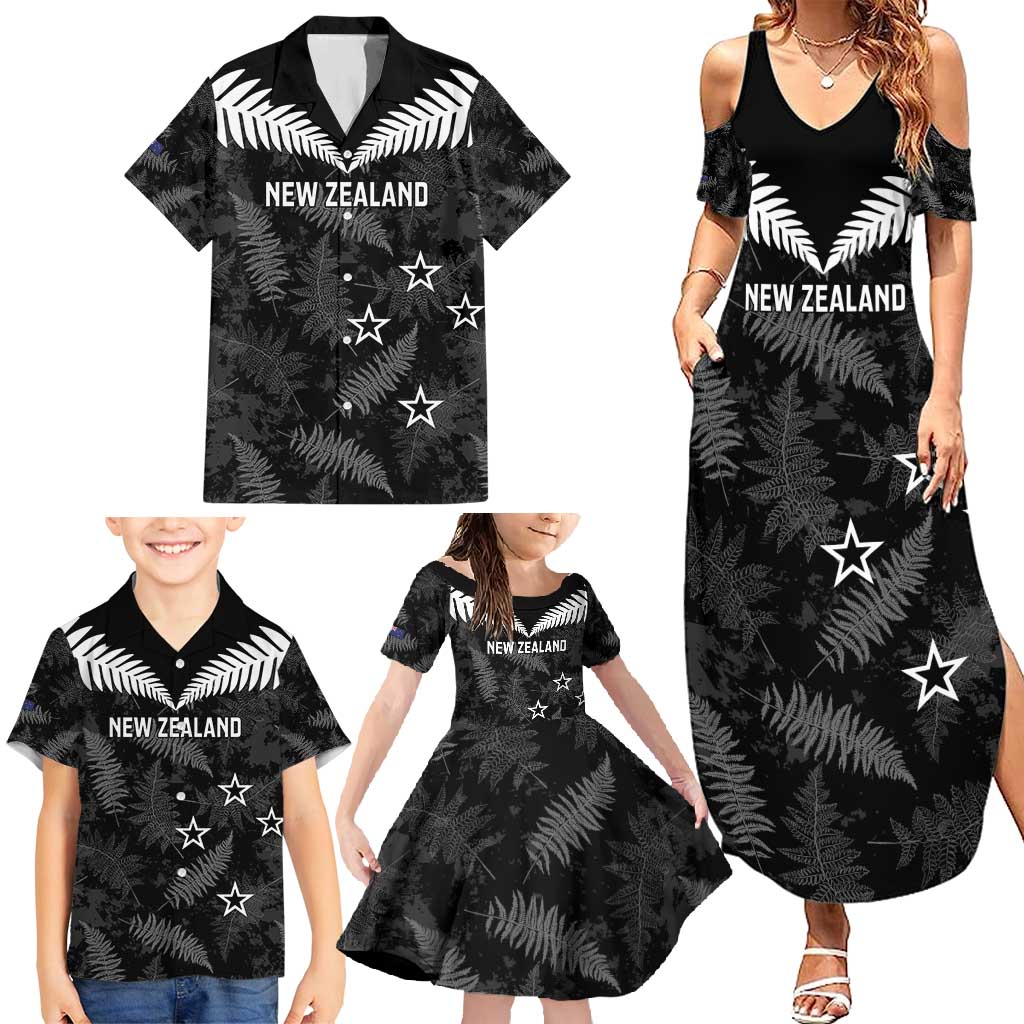Custom New Zealand Silver Fern Football Family Matching Summer Maxi Dress and Hawaiian Shirt Go Aotearoa Grunge Black - Polynesian Pride