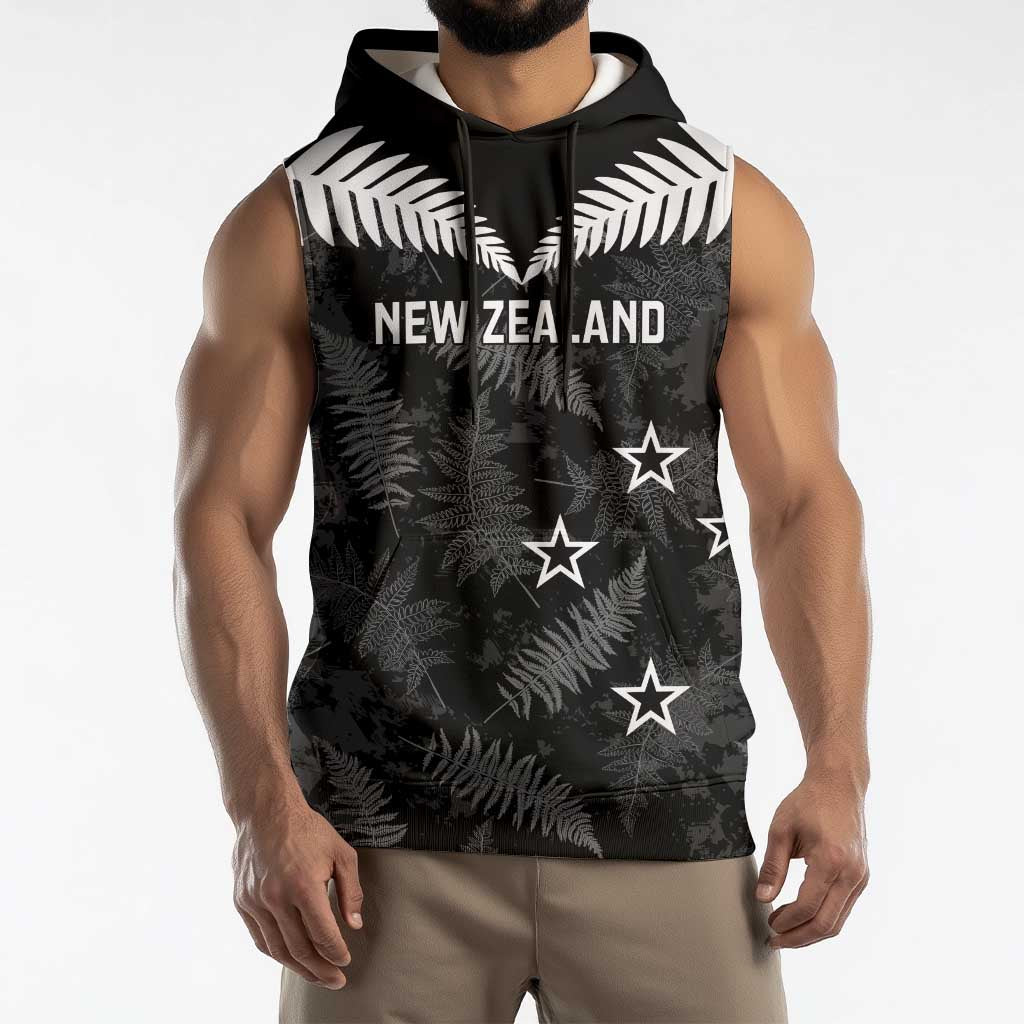 Custom New Zealand Silver Fern Football Sleeveless Hoodie Go Aotearoa Grunge Black - Polynesian Pride