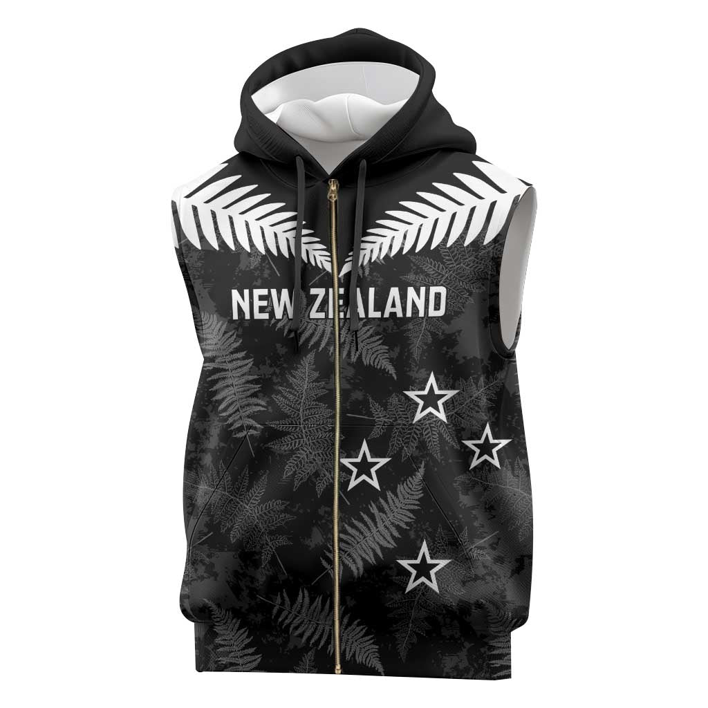 Custom New Zealand Silver Fern Football Sleeveless Zip Hoodie Go Aotearoa Grunge Black - Polynesian Pride