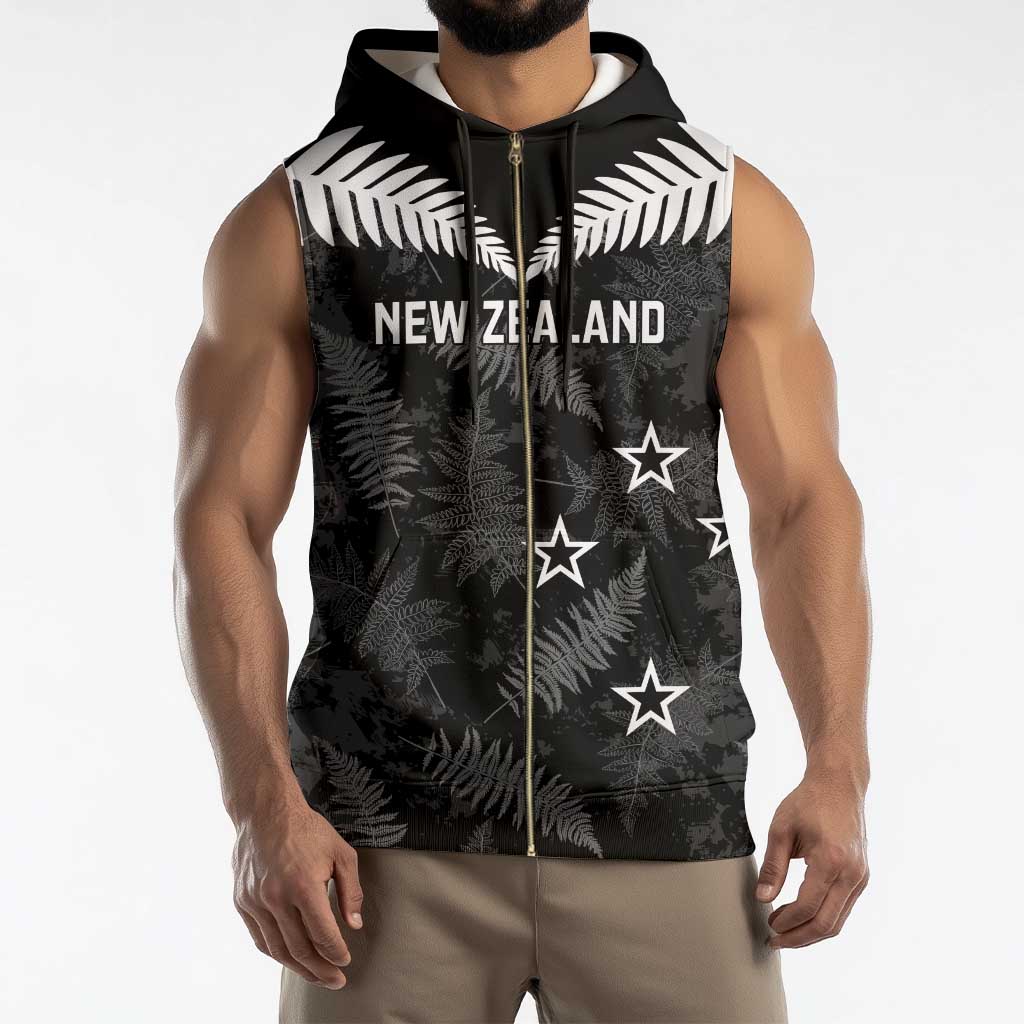 Custom New Zealand Silver Fern Football Sleeveless Zip Hoodie Go Aotearoa Grunge Black - Polynesian Pride