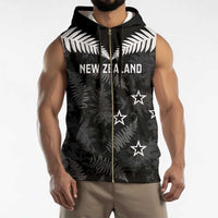 Custom New Zealand Silver Fern Football Sleeveless Zip Hoodie Go Aotearoa Grunge Black - Polynesian Pride