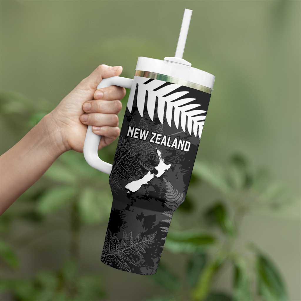 Custom New Zealand Silver Fern Football Tumbler With Handle Go Aotearoa Grunge Black - Polynesian Pride