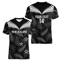 Custom New Zealand Silver Fern Football Women V-Neck T-Shirt Go Aotearoa Grunge Black LT14 - Polynesian Pride