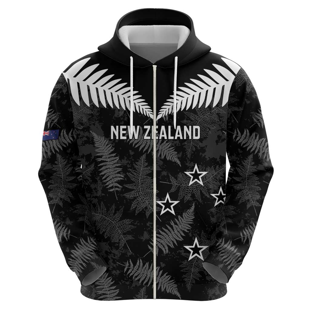 Custom New Zealand Silver Fern Football Zip Hoodie Go Aotearoa Grunge Black - Polynesian Pride