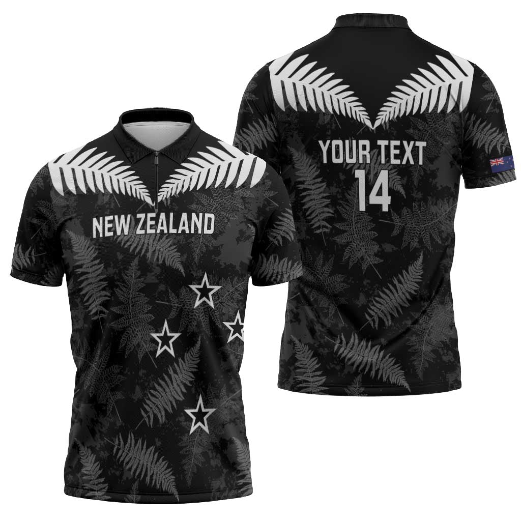Custom New Zealand Silver Fern Football Zipper Polo Shirt Go Aotearoa Grunge Black - Polynesian Pride