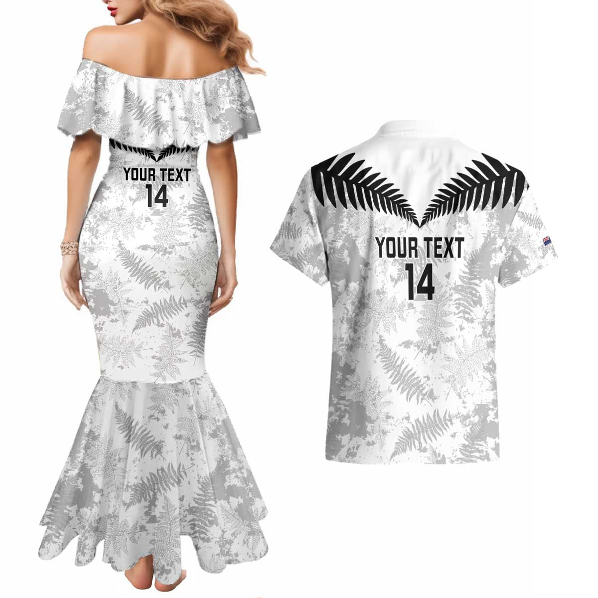 Custom New Zealand Silver Fern Football Couples Matching Mermaid Dress and Hawaiian Shirt Go Aotearoa Grunge White - Polynesian Pride