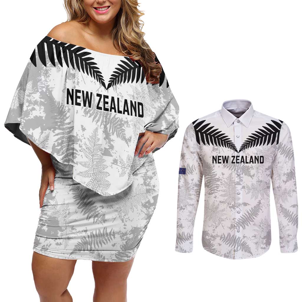 Custom New Zealand Silver Fern Football Couples Matching Off Shoulder Short Dress and Long Sleeve Button Shirt Go Aotearoa Grunge White - Polynesian Pride