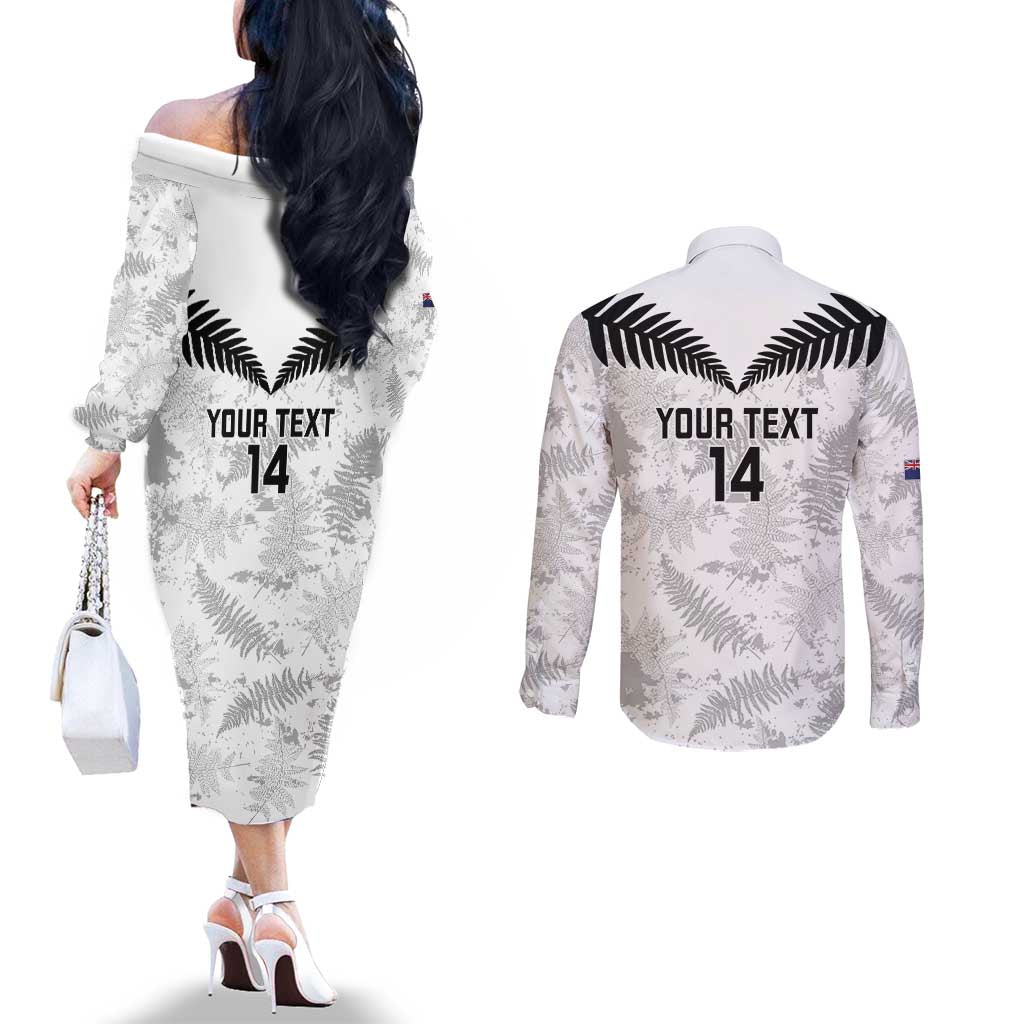 Custom New Zealand Silver Fern Football Couples Matching Off The Shoulder Long Sleeve Dress and Long Sleeve Button Shirt Go Aotearoa Grunge White - Polynesian Pride