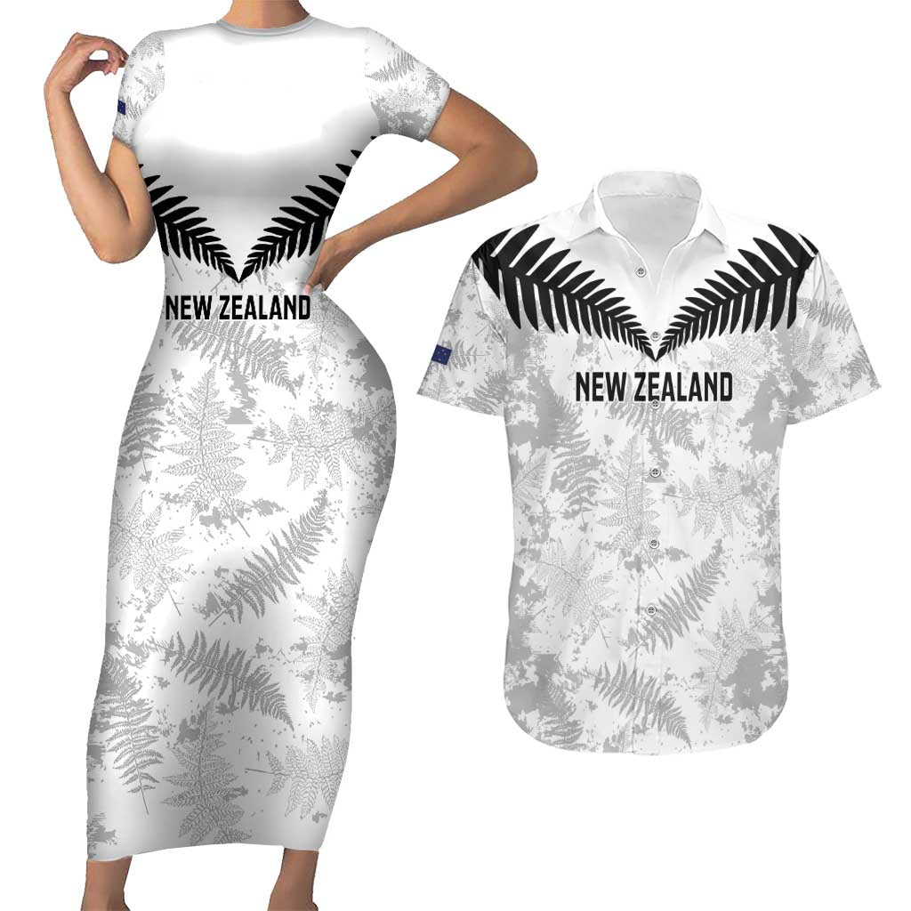 Custom New Zealand Silver Fern Football Couples Matching Short Sleeve Bodycon Dress and Hawaiian Shirt Go Aotearoa Grunge White - Polynesian Pride