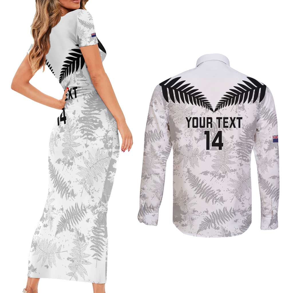 Custom New Zealand Silver Fern Football Couples Matching Short Sleeve Bodycon Dress and Long Sleeve Button Shirt Go Aotearoa Grunge White - Polynesian Pride