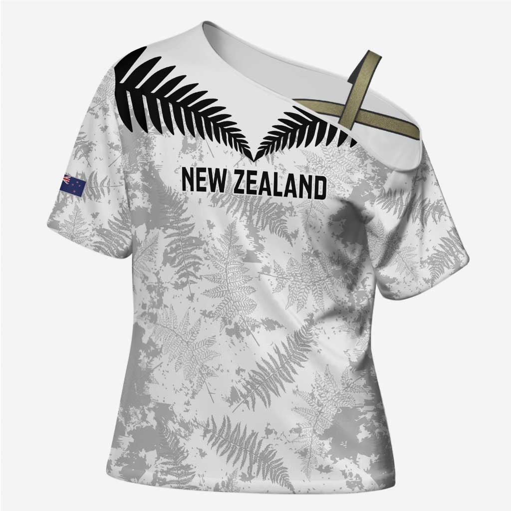 Custom New Zealand Silver Fern Football Cross Shoulder Shirt Go Aotearoa Grunge White - Polynesian Pride