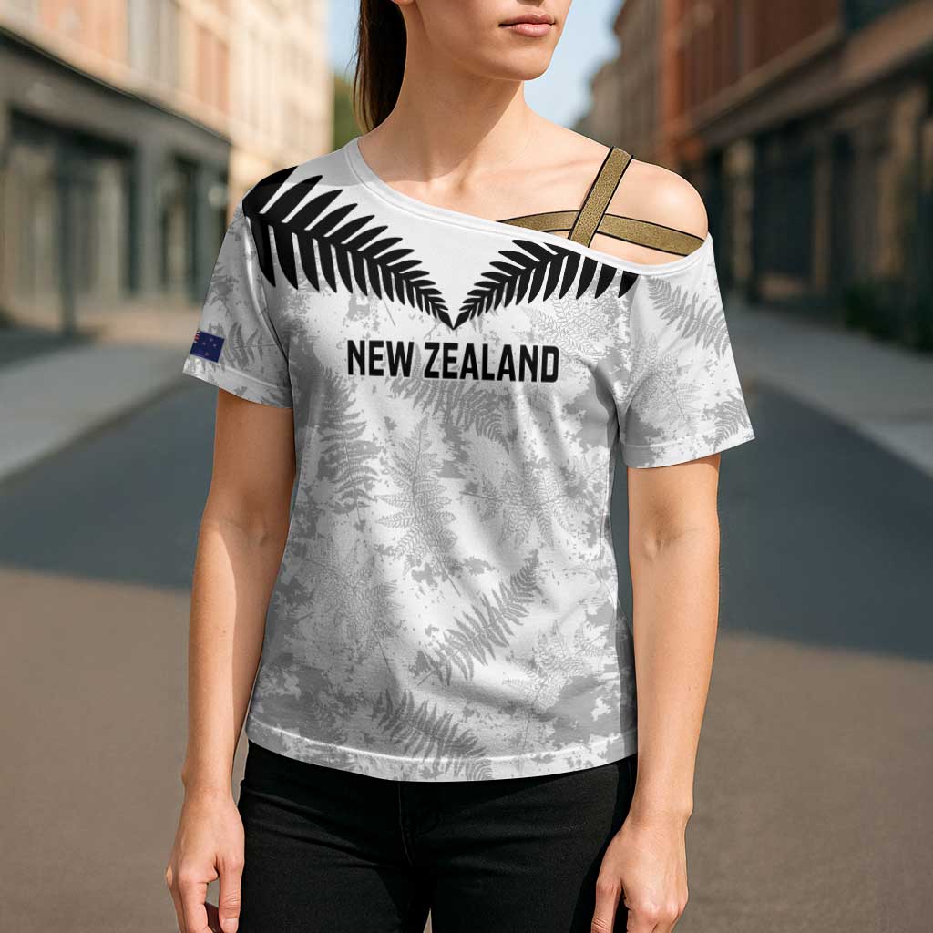 Custom New Zealand Silver Fern Football Cross Shoulder Shirt Go Aotearoa Grunge White - Polynesian Pride