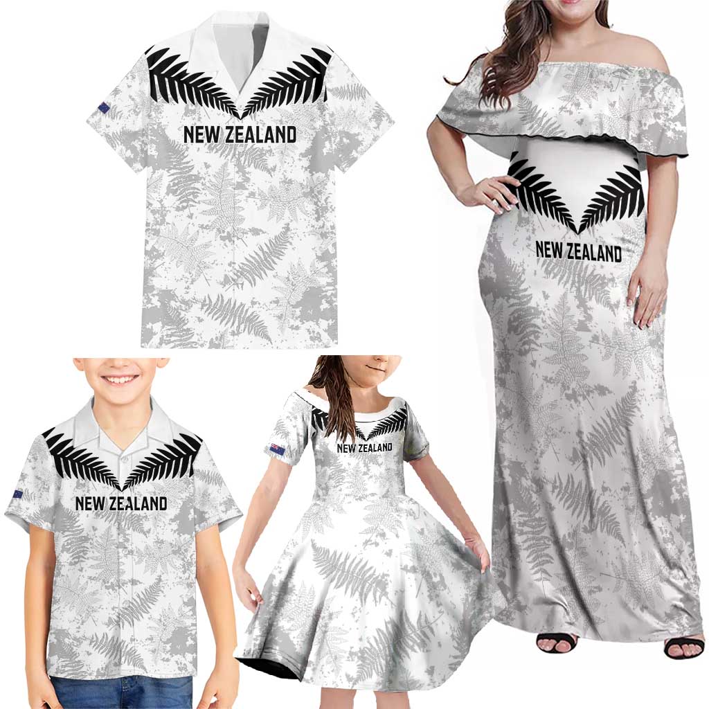 Custom New Zealand Silver Fern Football Family Matching Off Shoulder Maxi Dress and Hawaiian Shirt Go Aotearoa Grunge White - Polynesian Pride