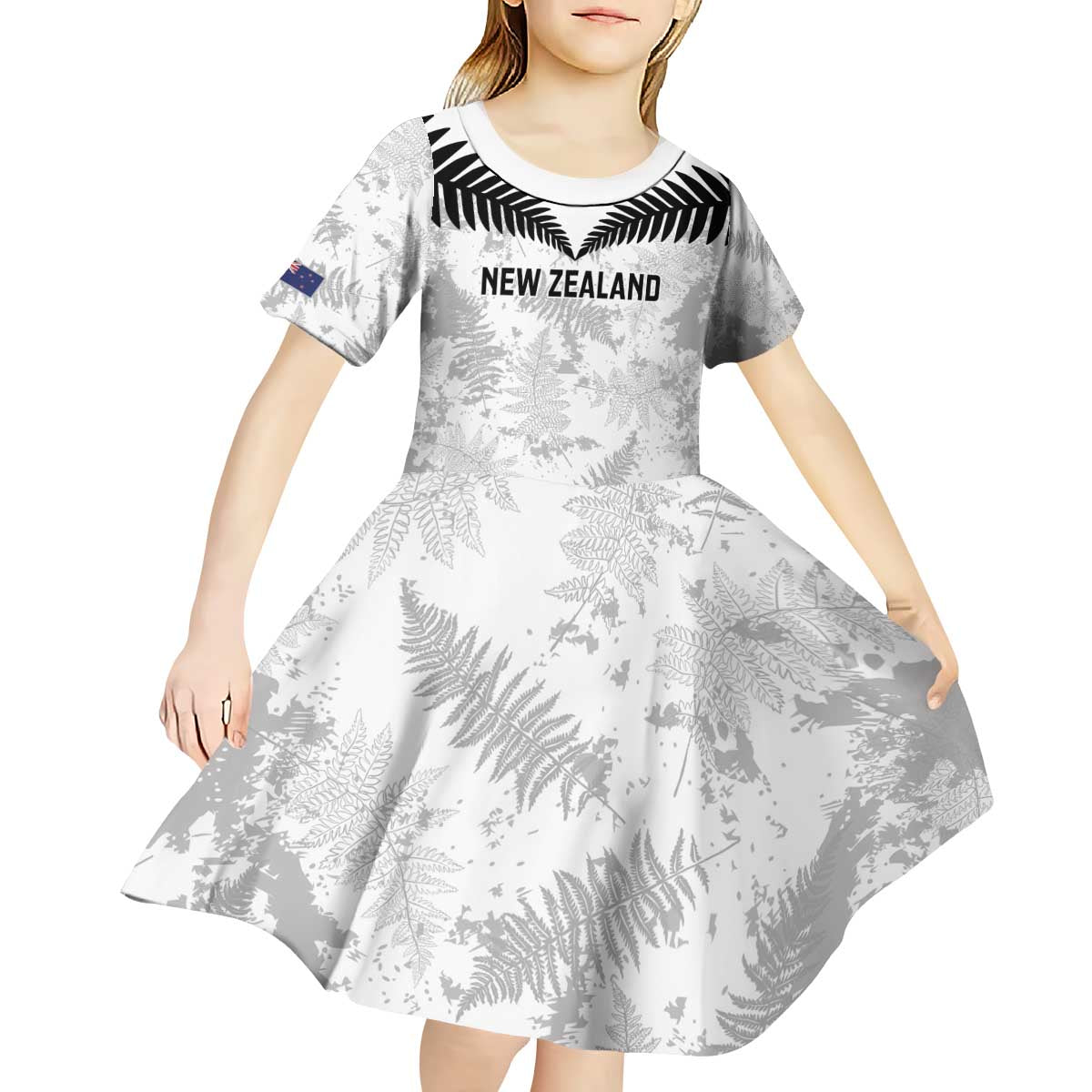 Custom New Zealand Silver Fern Football Kid Short Sleeve Dress Go Aotearoa Grunge White LT14 - Polynesian Pride