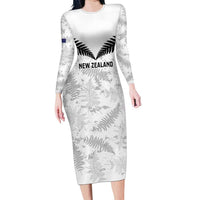 Custom New Zealand Silver Fern Football Long Sleeve Bodycon Dress Go Aotearoa Grunge White LT14 Long Dress White - Polynesian Pride