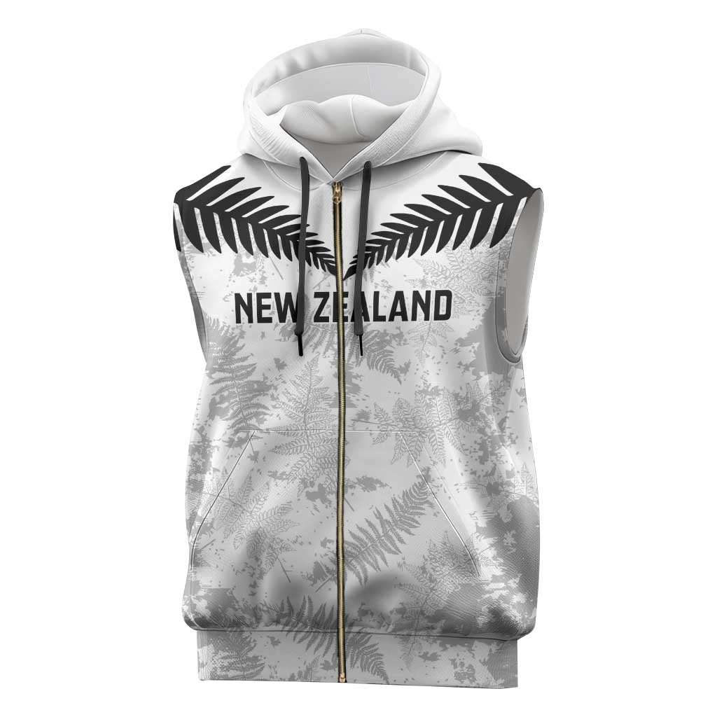 Custom New Zealand Silver Fern Football Sleeveless Zip Hoodie Go Aotearoa Grunge White - Polynesian Pride