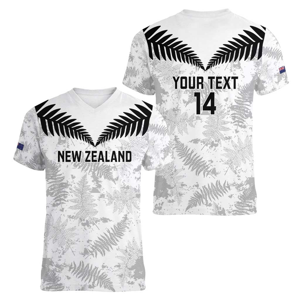 Custom New Zealand Silver Fern Football Women V-Neck T-Shirt Go Aotearoa Grunge White LT14 - Polynesian Pride