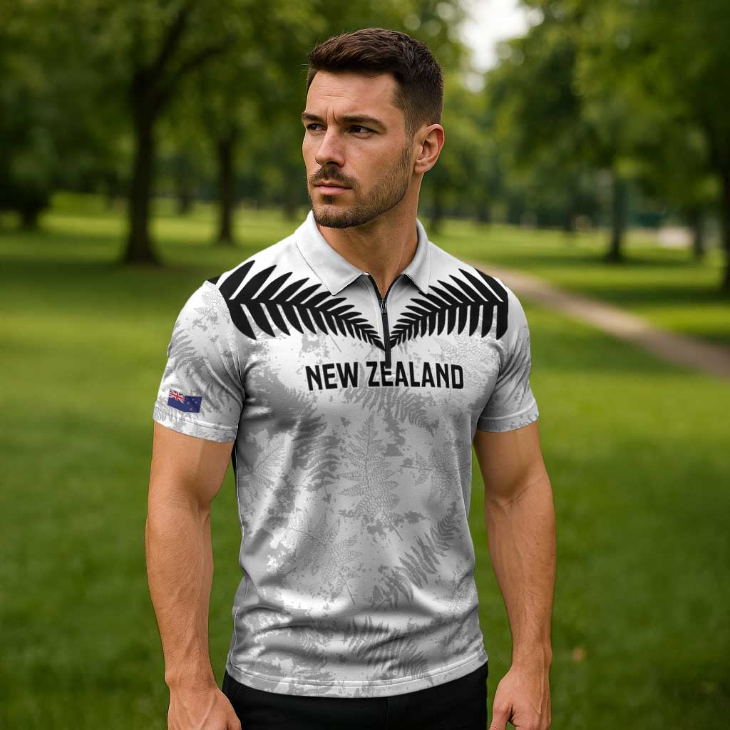Custom New Zealand Silver Fern Football Zipper Polo Shirt Go Aotearoa Grunge White - Polynesian Pride