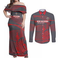 Custom New Caledonia Football Couples Matching Off Shoulder Maxi Dress and Long Sleeve Button Shirt Allez Les Cagous Grey Version - Polynesian Pride