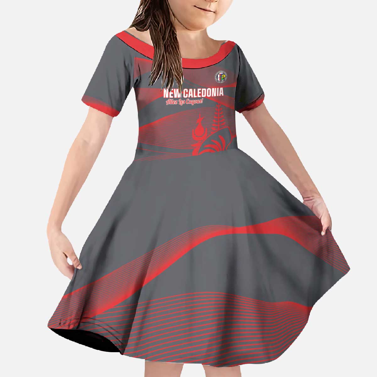 Custom New Caledonia Football Family Matching Off The Shoulder Long Sleeve Dress and Hawaiian Shirt Allez Les Cagous Grey Version - Polynesian Pride