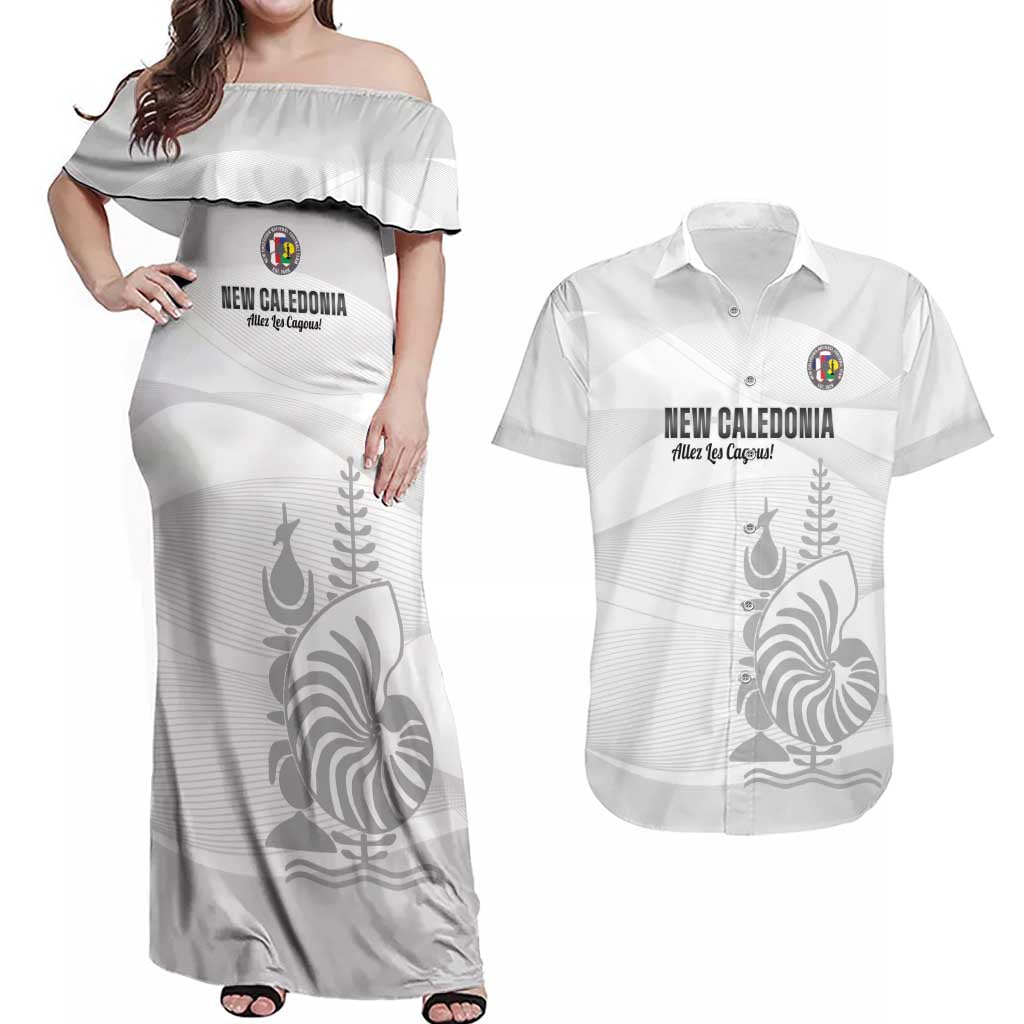 Custom New Caledonia Football Couples Matching Off Shoulder Maxi Dress and Hawaiian Shirt Allez Les Cagous White Version - Polynesian Pride