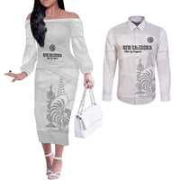 Custom New Caledonia Football Couples Matching Off The Shoulder Long Sleeve Dress and Long Sleeve Button Shirt Allez Les Cagous White Version - Polynesian Pride