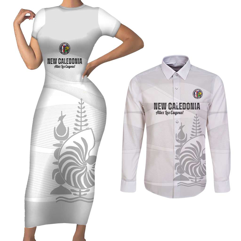 Custom New Caledonia Football Couples Matching Short Sleeve Bodycon Dress and Long Sleeve Button Shirt Allez Les Cagous White Version - Polynesian Pride