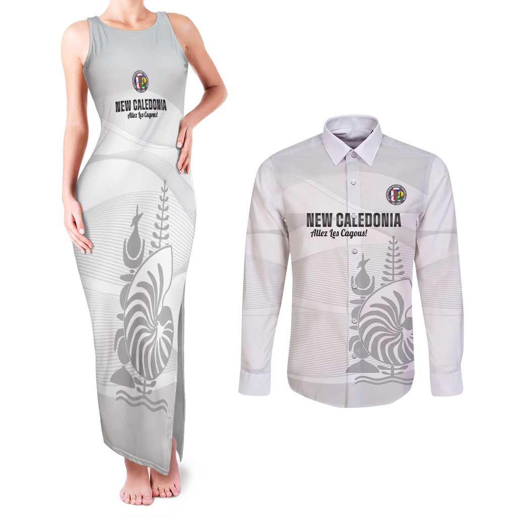 Custom New Caledonia Football Couples Matching Tank Maxi Dress and Long Sleeve Button Shirt Allez Les Cagous White Version - Polynesian Pride
