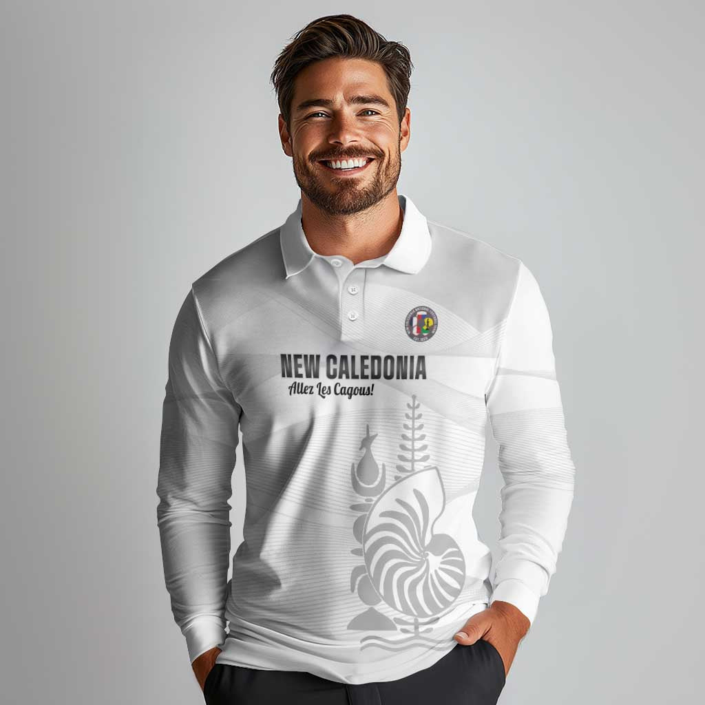 Custom New Caledonia Football Long Sleeve Polo Shirt Allez Les Cagous White Version - Polynesian Pride