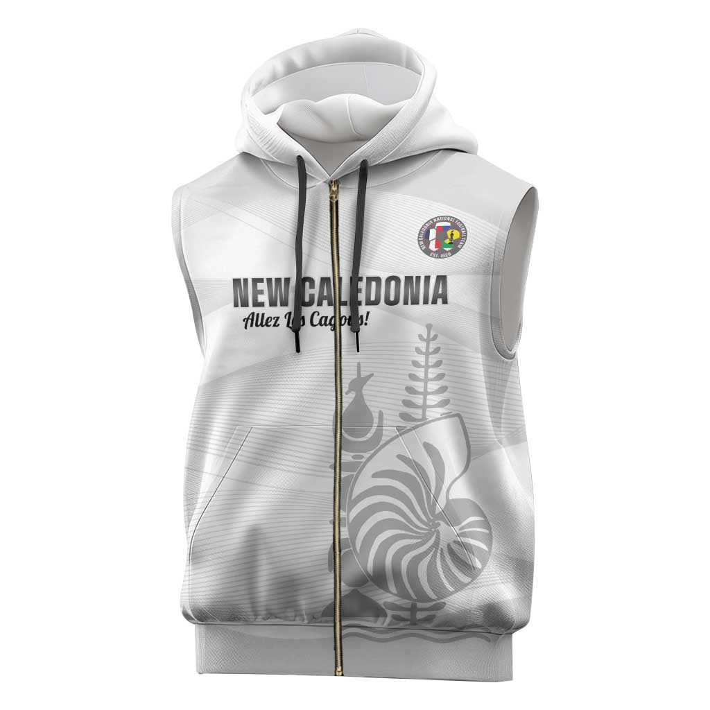 Custom New Caledonia Football Sleeveless Zip Hoodie Allez Les Cagous White Version - Polynesian Pride