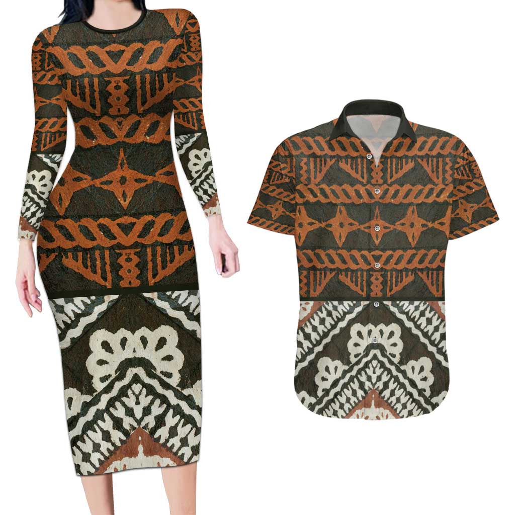 Bula Fiji Tapa Couples Matching Long Sleeve Bodycon Dress and Hawaiian Shirt Fijian Masi Vintage Vibes LT14 Brown - Polynesian Pride