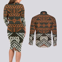 Bula Fiji Tapa Couples Matching Long Sleeve Bodycon Dress and Long Sleeve Button Shirt Fijian Masi Vintage Vibes LT14 - Polynesian Pride