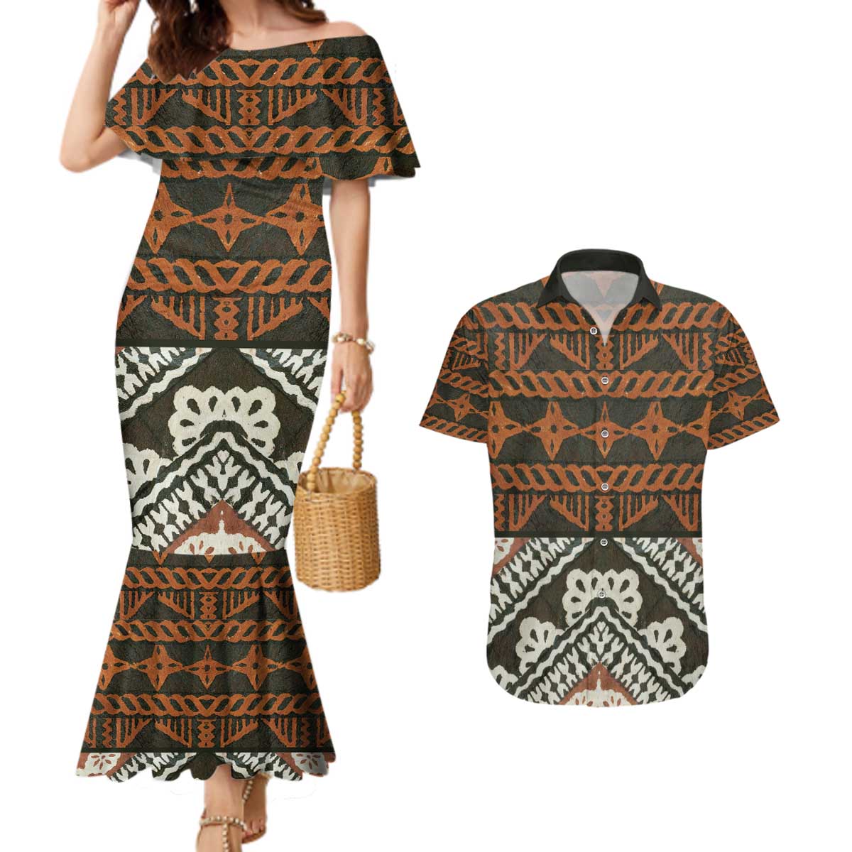 Bula Fiji Tapa Couples Matching Mermaid Dress and Hawaiian Shirt Fijian Masi Vintage Vibes - Polynesian Pride