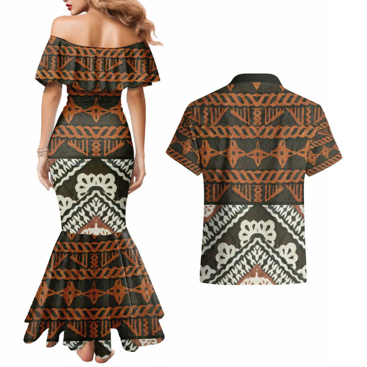 Bula Fiji Tapa Couples Matching Mermaid Dress and Hawaiian Shirt Fijian Masi Vintage Vibes LT14 - Polynesian Pride