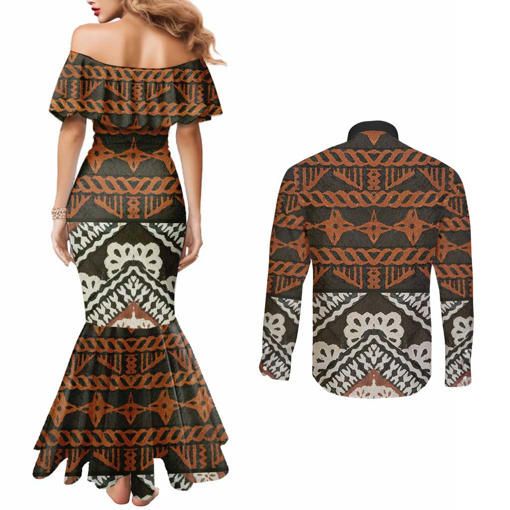 Bula Fiji Tapa Couples Matching Mermaid Dress and Long Sleeve Button Shirt Fijian Masi Vintage Vibes LT14 - Polynesian Pride