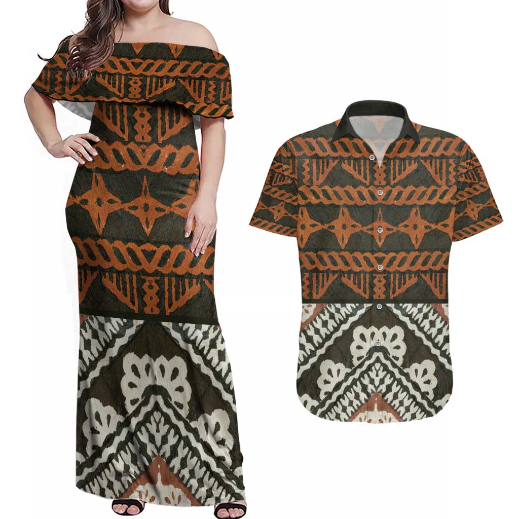 Bula Fiji Tapa Couples Matching Off Shoulder Maxi Dress and Hawaiian Shirt Fijian Masi Vintage Vibes LT14 Brown - Polynesian Pride