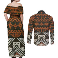 Bula Fiji Tapa Couples Matching Off Shoulder Maxi Dress and Long Sleeve Button Shirt Fijian Masi Vintage Vibes LT14 - Polynesian Pride