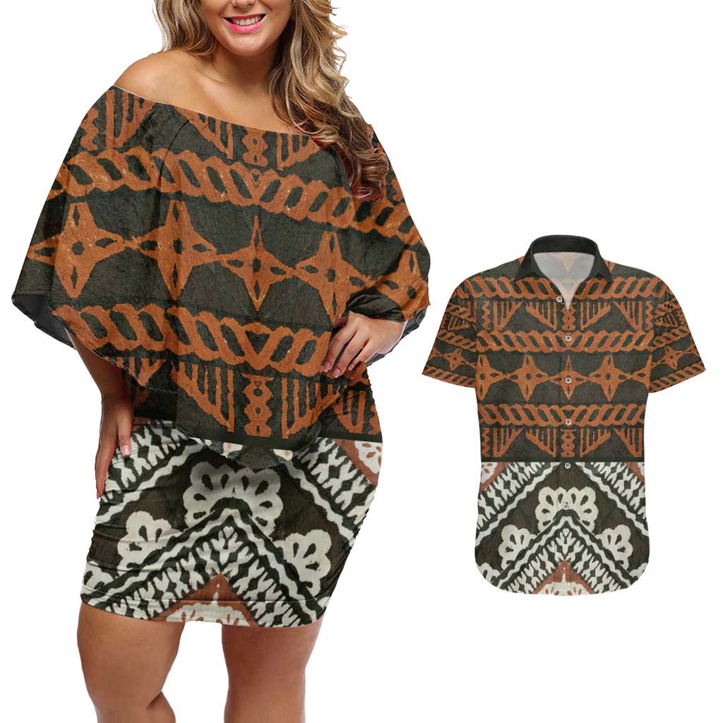 Bula Fiji Tapa Couples Matching Off Shoulder Short Dress and Hawaiian Shirt Fijian Masi Vintage Vibes LT14 Brown - Polynesian Pride