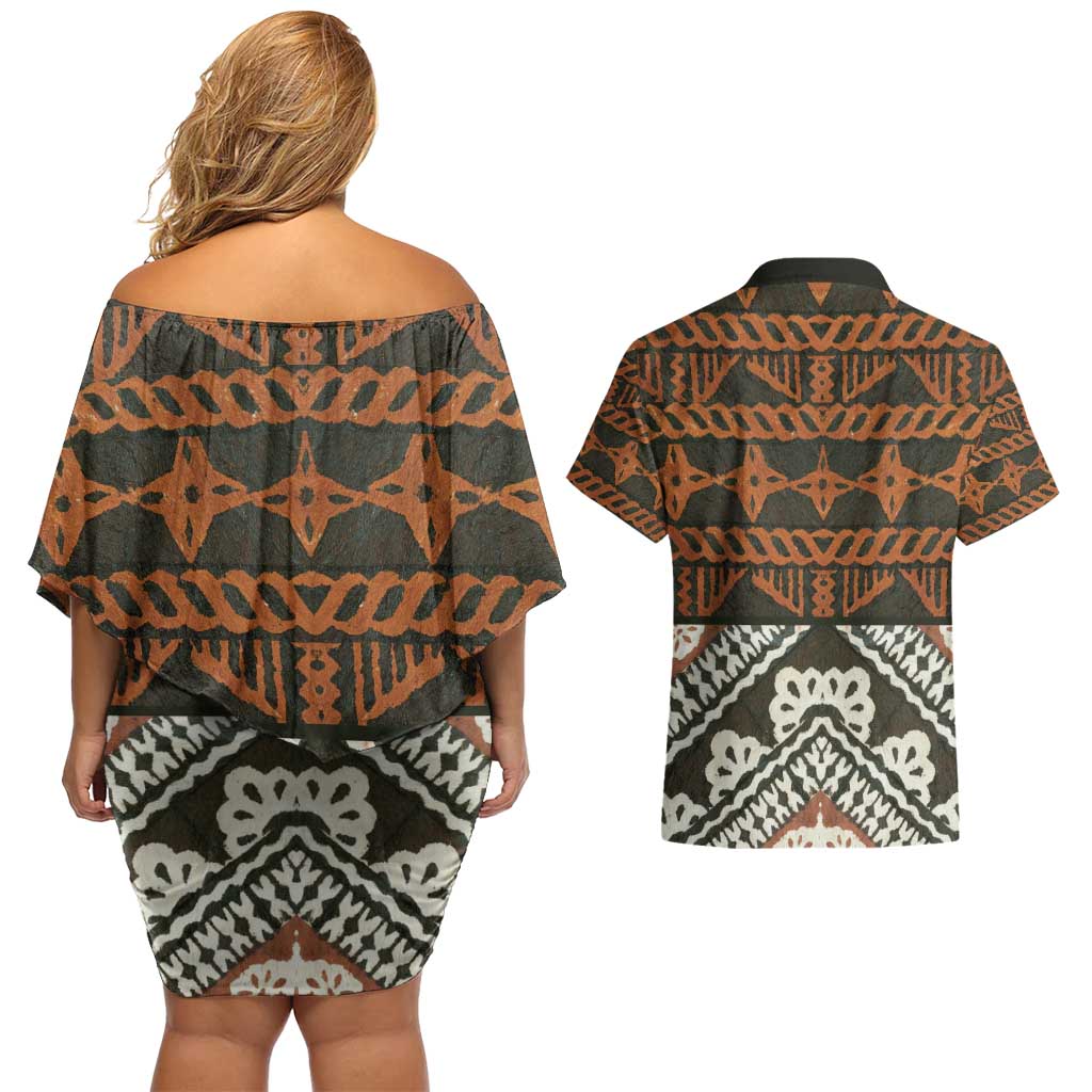 Bula Fiji Tapa Couples Matching Off Shoulder Short Dress and Hawaiian Shirt Fijian Masi Vintage Vibes LT14 - Polynesian Pride
