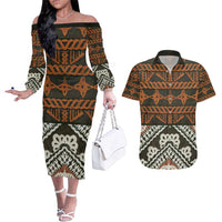Bula Fiji Tapa Couples Matching Off The Shoulder Long Sleeve Dress and Hawaiian Shirt Fijian Masi Vintage Vibes LT14 Brown - Polynesian Pride