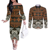 Bula Fiji Tapa Couples Matching Off The Shoulder Long Sleeve Dress and Long Sleeve Button Shirt Fijian Masi Vintage Vibes LT14 Brown - Polynesian Pride