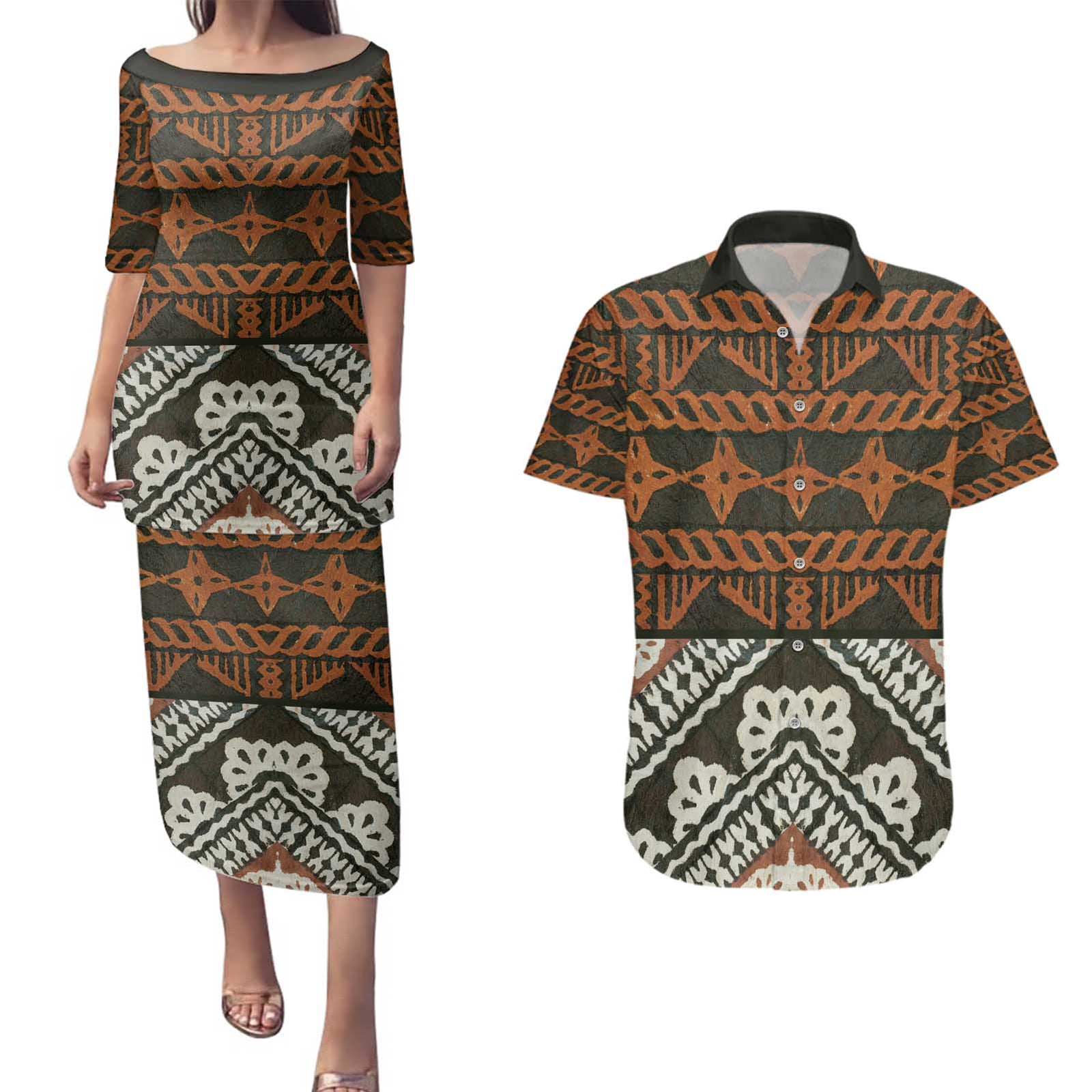Bula Fiji Tapa Couples Matching Puletasi and Hawaiian Shirt Fijian Masi Vintage Vibes - Polynesian Pride