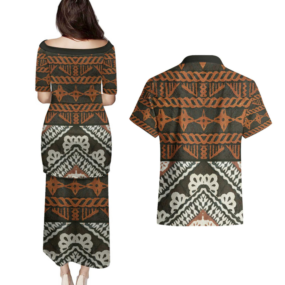 Bula Fiji Tapa Couples Matching Puletasi and Hawaiian Shirt Fijian Masi Vintage Vibes LT14 - Polynesian Pride