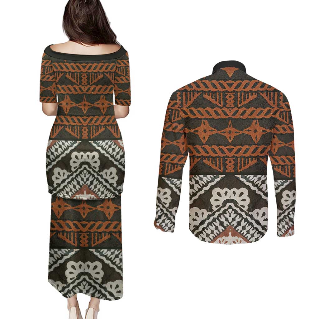Bula Fiji Tapa Couples Matching Puletasi and Long Sleeve Button Shirt Fijian Masi Vintage Vibes - Polynesian Pride