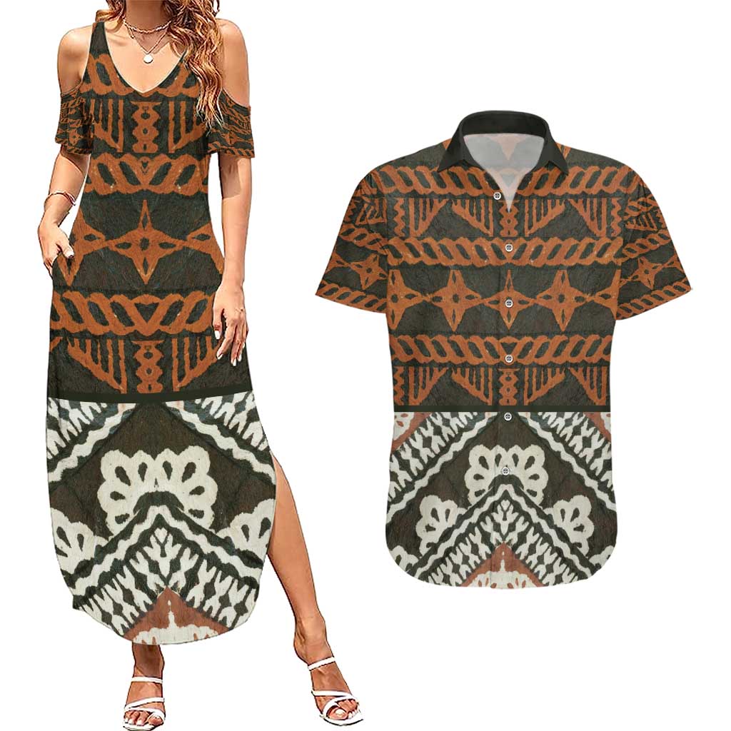 Bula Fiji Tapa Couples Matching Summer Maxi Dress and Hawaiian Shirt Fijian Masi Vintage Vibes LT14 Brown - Polynesian Pride
