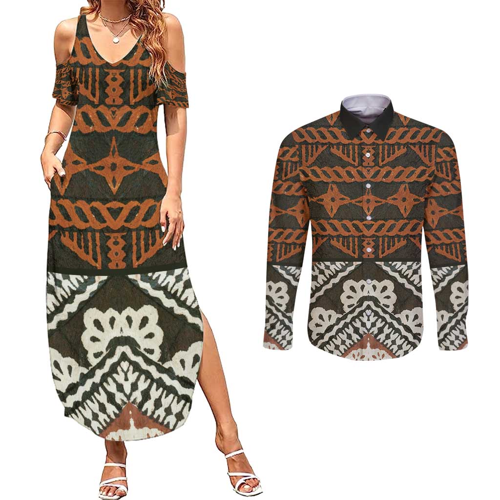 Bula Fiji Tapa Couples Matching Summer Maxi Dress and Long Sleeve Button Shirt Fijian Masi Vintage Vibes LT14 Brown - Polynesian Pride