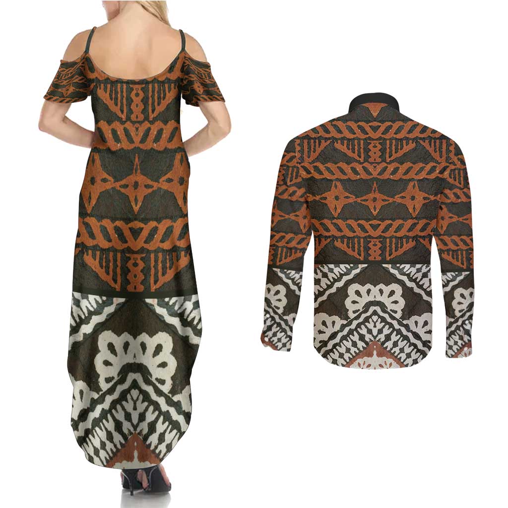 Bula Fiji Tapa Couples Matching Summer Maxi Dress and Long Sleeve Button Shirt Fijian Masi Vintage Vibes LT14 - Polynesian Pride